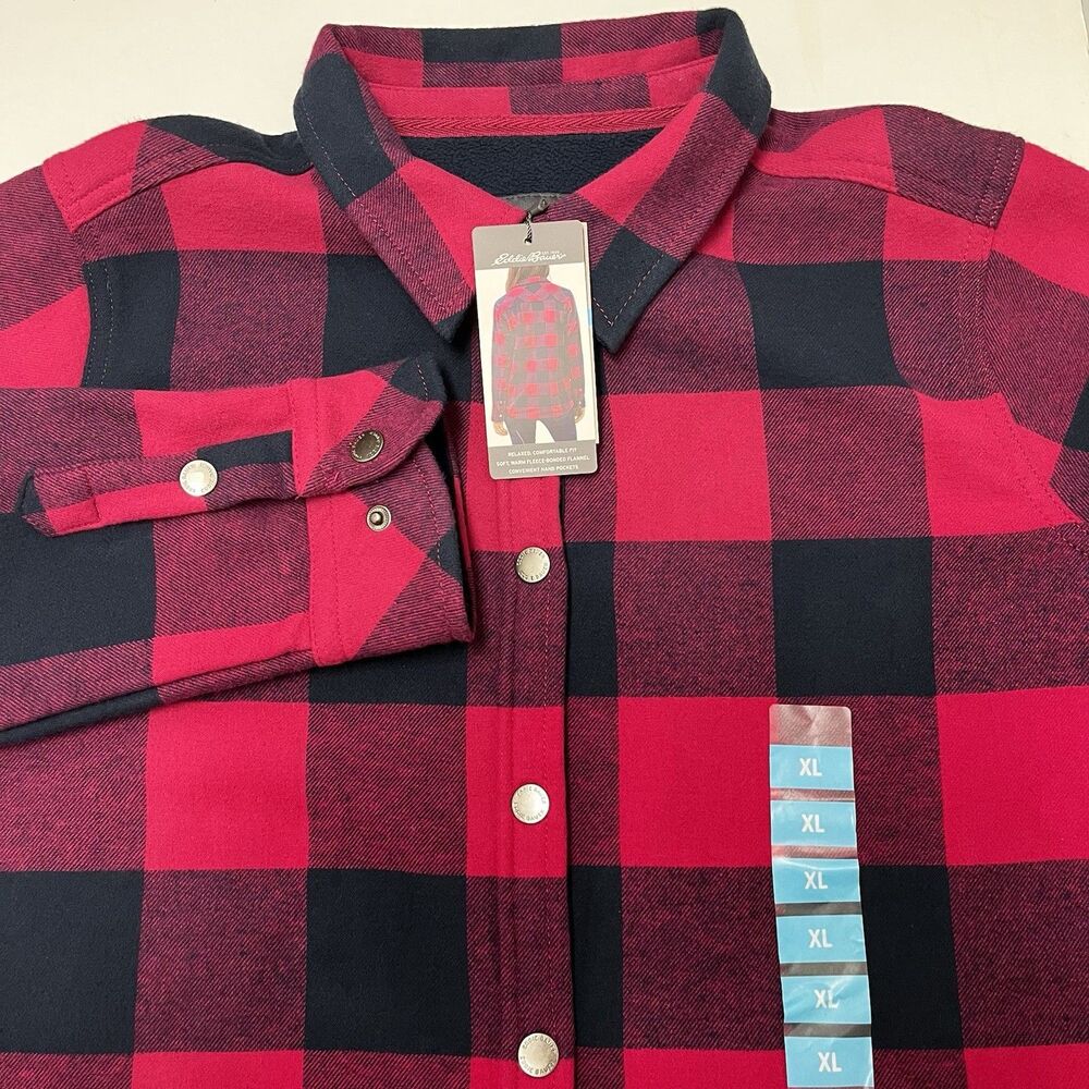 Eddie Bauer Pink Plaid Fleece Lined Flannel Shirt Jacket Women’s Size XL NWT